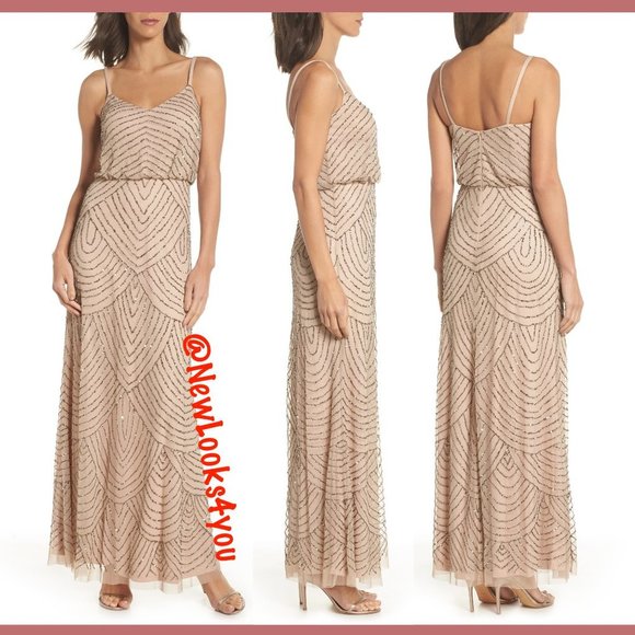 NEW Adrianna Papell‎ Art Deco Beaded Blouson Gown in Taupe Pink [SZ 10 12 14 ] - Picture 8 of 11